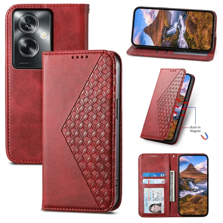 For Oppo A2 5G / A79 5G Case PU Leather Rhombus Imprinted Pattern Wallet Phone Cover - Red