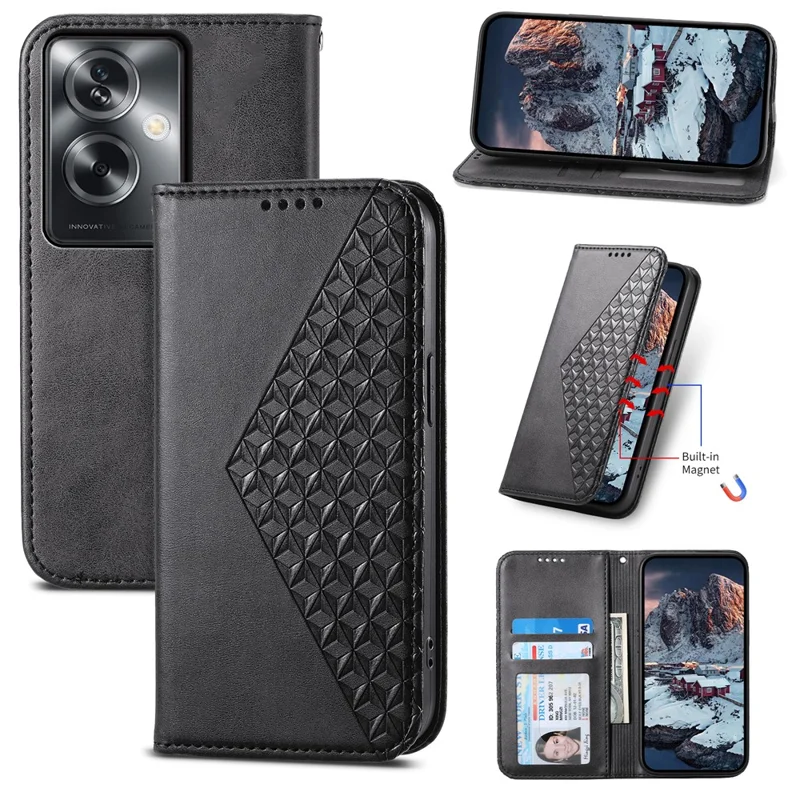 For Oppo A2 5G / A79 5G Case PU Leather Rhombus Imprinted Pattern Wallet Phone Cover - Black