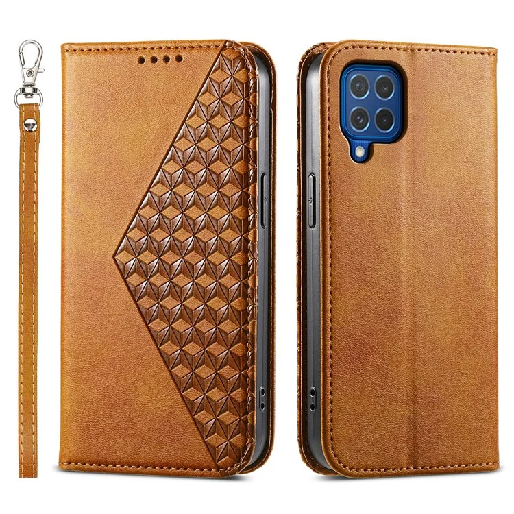 Para Samsung Galaxy M62 Cartera Funda de Teléfono Patrón Grabado en Relieve de Rombos Cuero PU Flip Cover - Amarillo