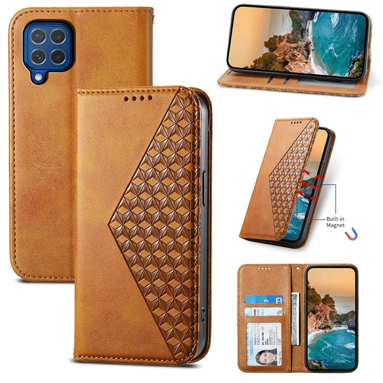 Para Samsung Galaxy M62 Cartera Funda de Teléfono Patrón Grabado en Relieve de Rombos Cuero PU Flip Cover - Amarillo