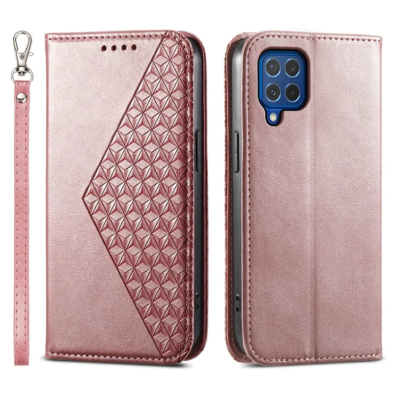 For Samsung Galaxy M62 Wallet Phone Case Rhombus Imprinted Pattern PU Leather Flip Cover - Rose Gold