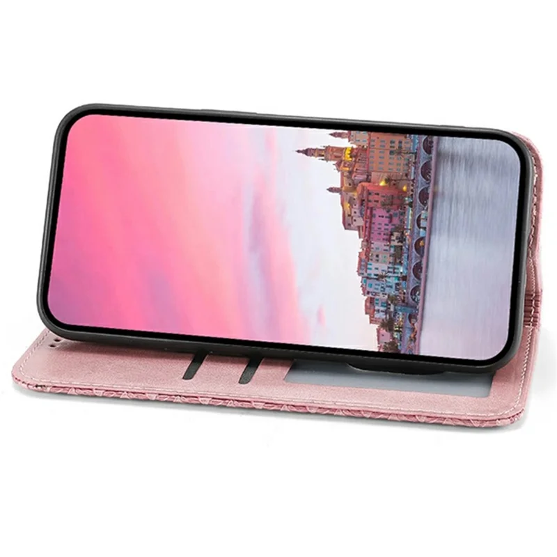 For Samsung Galaxy M62 Wallet Phone Case Rhombus Imprinted Pattern PU Leather Flip Cover - Rose Gold