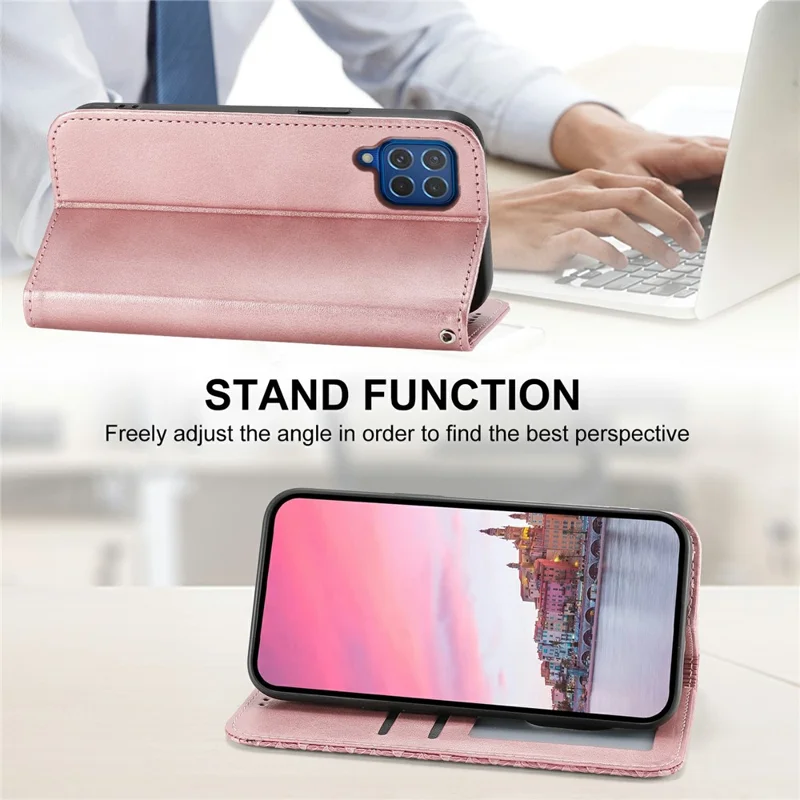 For Samsung Galaxy M62 Wallet Phone Case Rhombus Imprinted Pattern PU Leather Flip Cover - Rose Gold