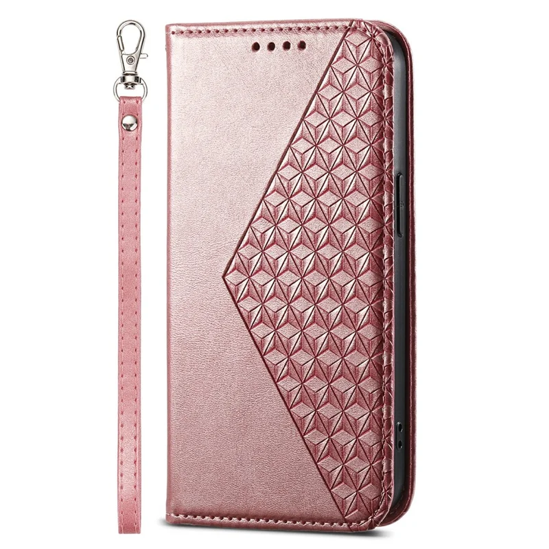 For Samsung Galaxy M62 Wallet Phone Case Rhombus Imprinted Pattern PU Leather Flip Cover - Rose Gold