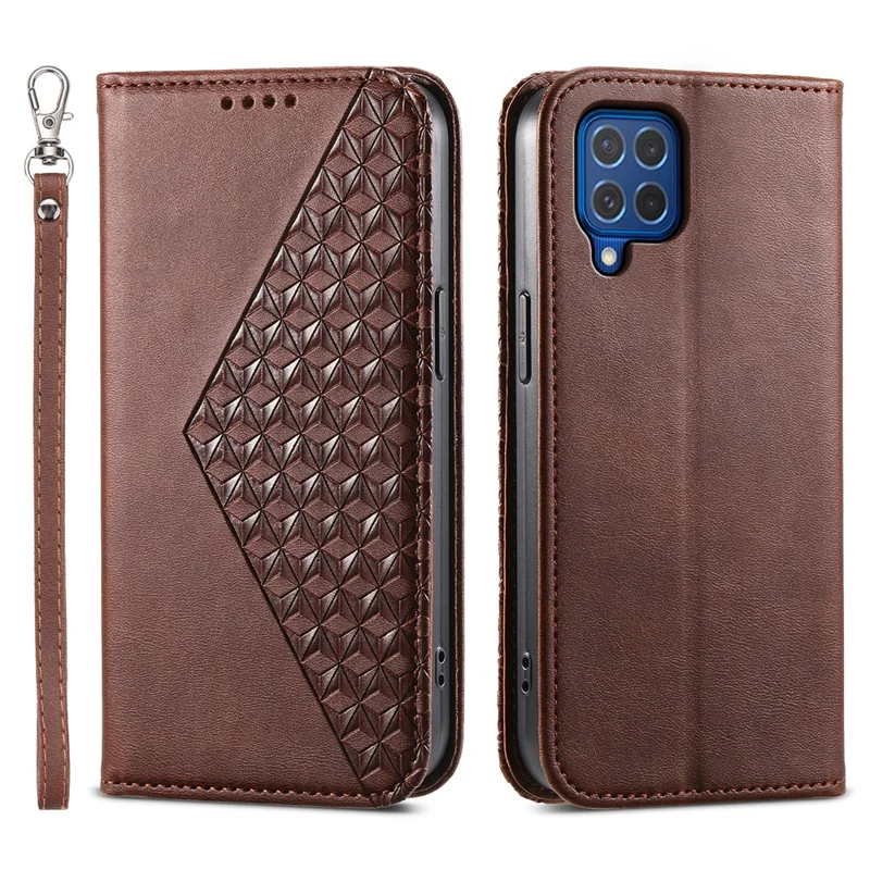 Funda con tapa de billetera para teléfonos móviles Samsung Galaxy M62, diseño de patrón de diamantes grabado en piel de imitación PU - marrón