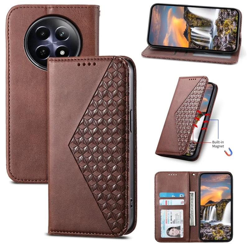 For Realme 12 5G / 12x 5G Case Rhombus Imprinted Leather Cell Phone Cases   - Brown