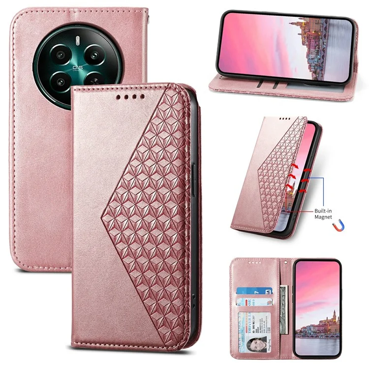 For Realme 12 4G / 12+ 5G / Narzo 70 Pro 5G Wallet Case PU Leather Phone Cover Mobile Accessories Wholesale - Rose Gold