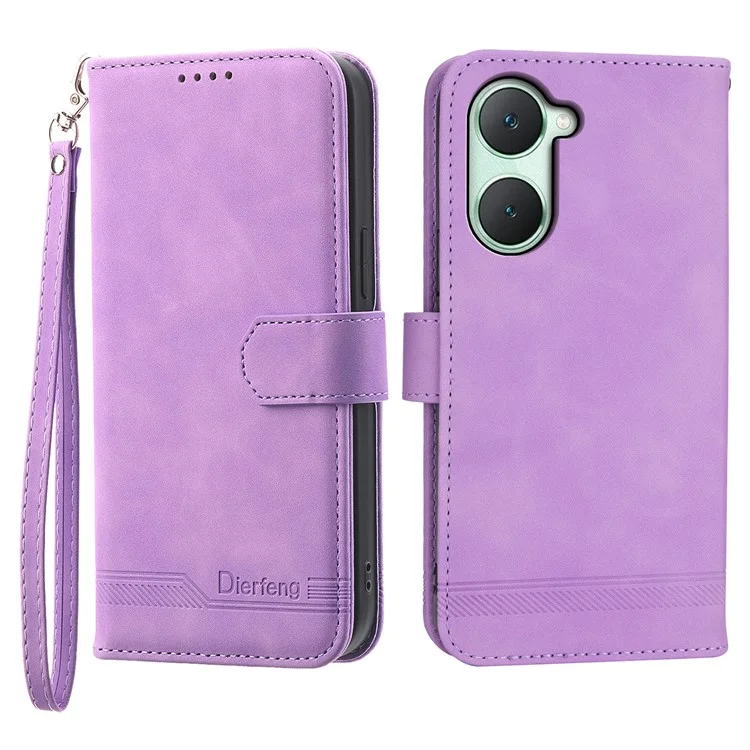 DIERFENG DF-03 Flip Cover para vivo Y03 Funda de teléfono móvil con líneas impresas y soporte cartera - Púrpura