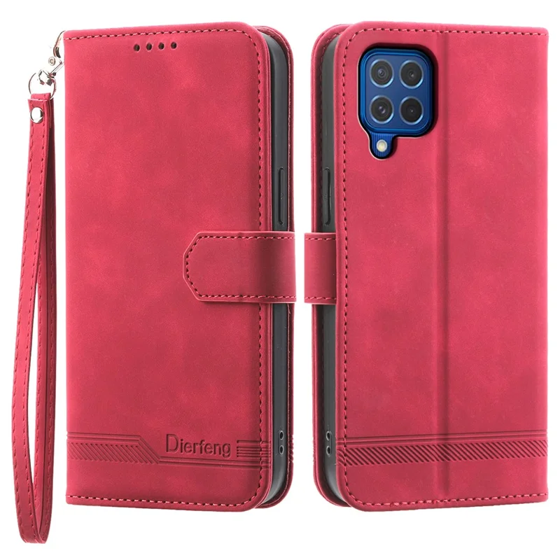 DIERFENG DF-03 Funda de Piel para Samsung Galaxy M62 Caso Líneas Estampadas Billetera Soporte Concha - Rojo