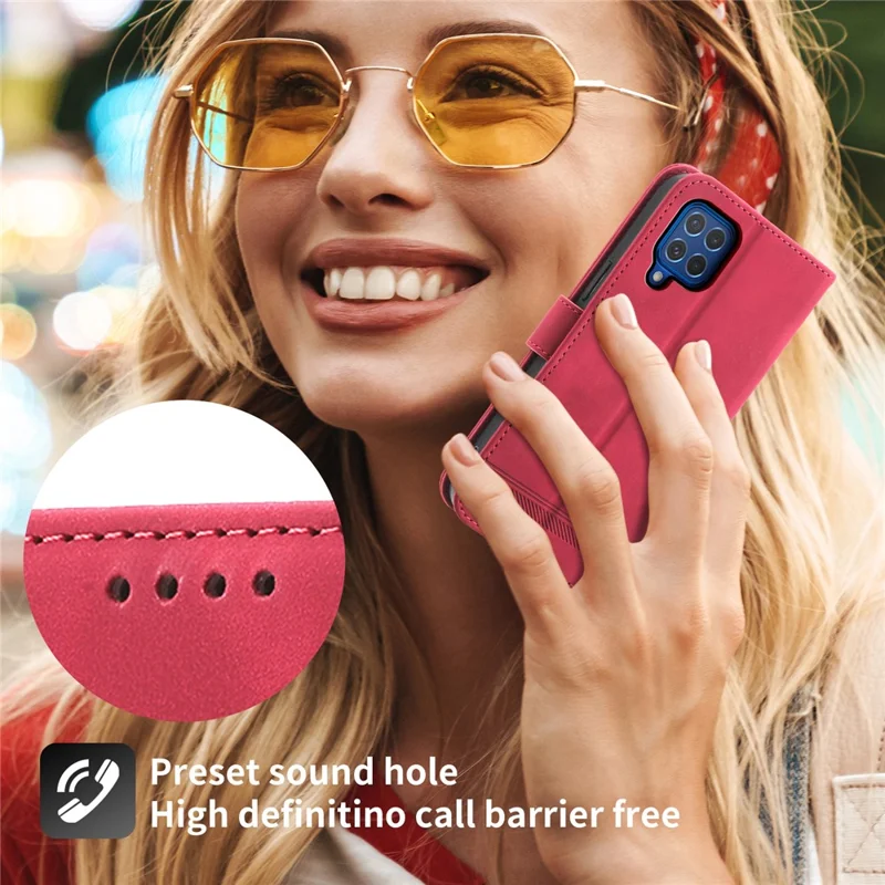 DIERFENG DF-03 Funda de Piel para Samsung Galaxy M62 Caso Líneas Estampadas Billetera Soporte Concha - Rojo