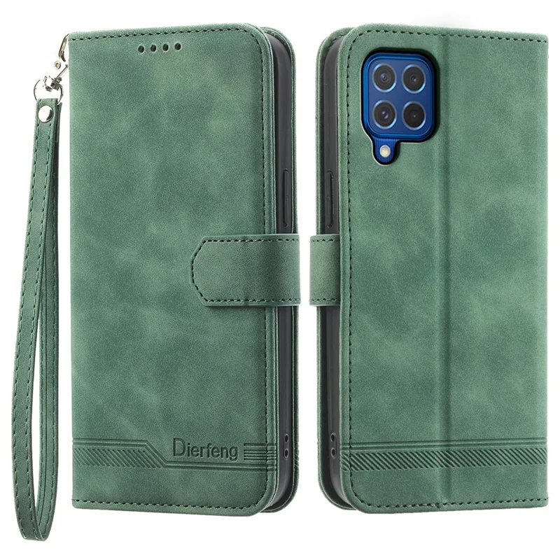 DIERFENG DF-03 Leather Cover for Samsung Galaxy M62 Case Lines Imprinted Wallet Stand Shell - Green
