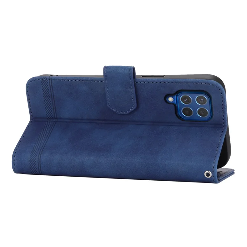 DIERFENG DF-03 Funda de Cuero para Samsung Galaxy M62 Caso Líneas Impresas Billetera Soporte Shell - Azul