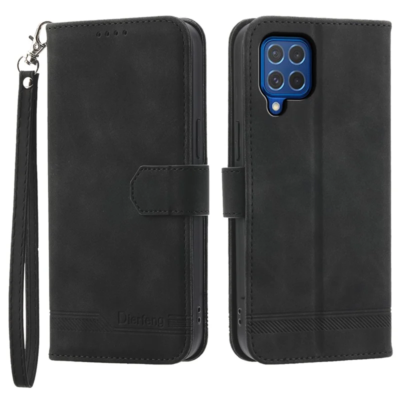 DIERFENG DF-03 Leather Cover for Samsung Galaxy M62 Case Lines Imprinted Wallet Stand Shell - Black