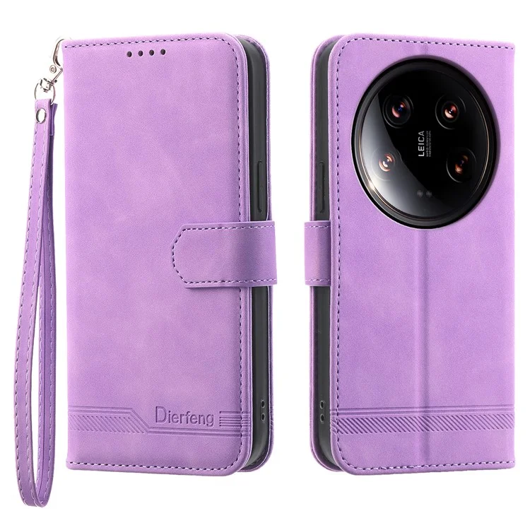 DIERFENG DF-03 Portafoglio Custodia per Xiaomi 14 Ultra Custodia per telefono Linee impresse Flip Stand Cover - Viola