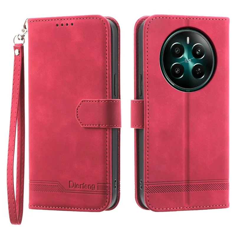 DIERFENG DF-03 For Realme 12 4G / 12+ 5G / Narzo 70 Pro 5G Case Imprinted Wallet Phone Cover with Hand Strap - Red