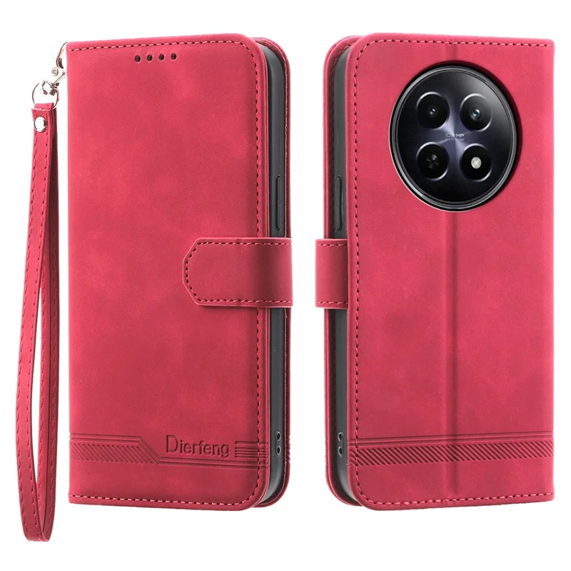 DIERFENG DF-03 Phone Wallet Cover for Realme 12 5G / 12x 5G Shell Card Slot Lines Imprinted Case - Red
