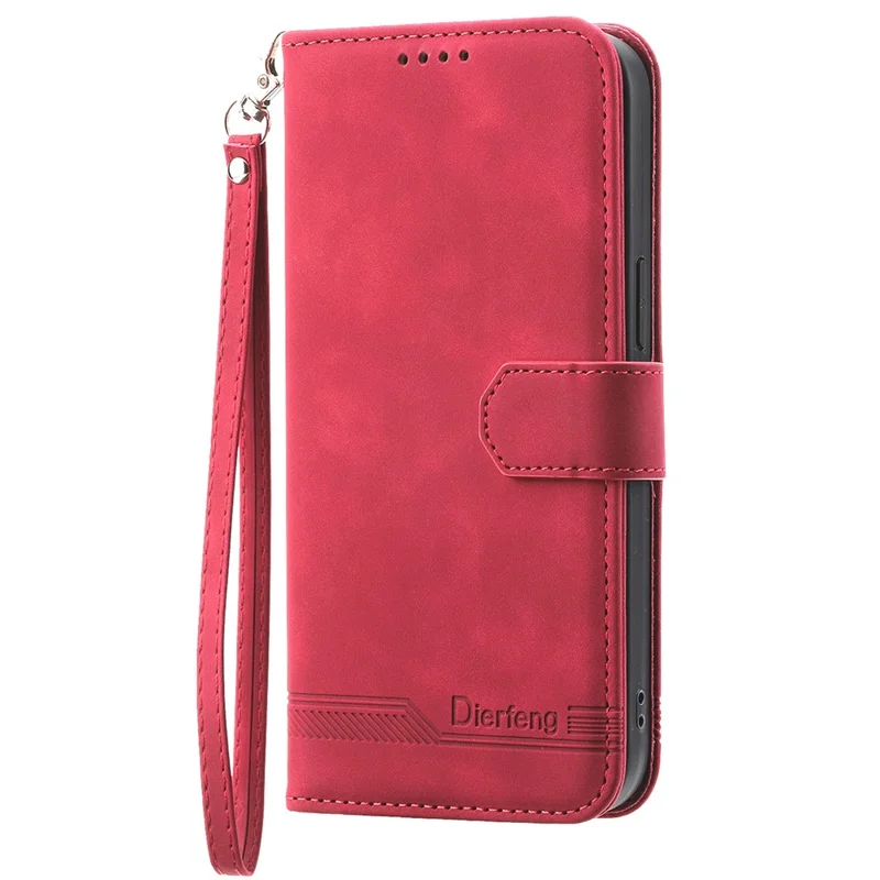 DIERFENG DF-03 Phone Wallet Cover for Realme 12 5G / 12x 5G Shell Card Slot Lines Imprinted Case - Red