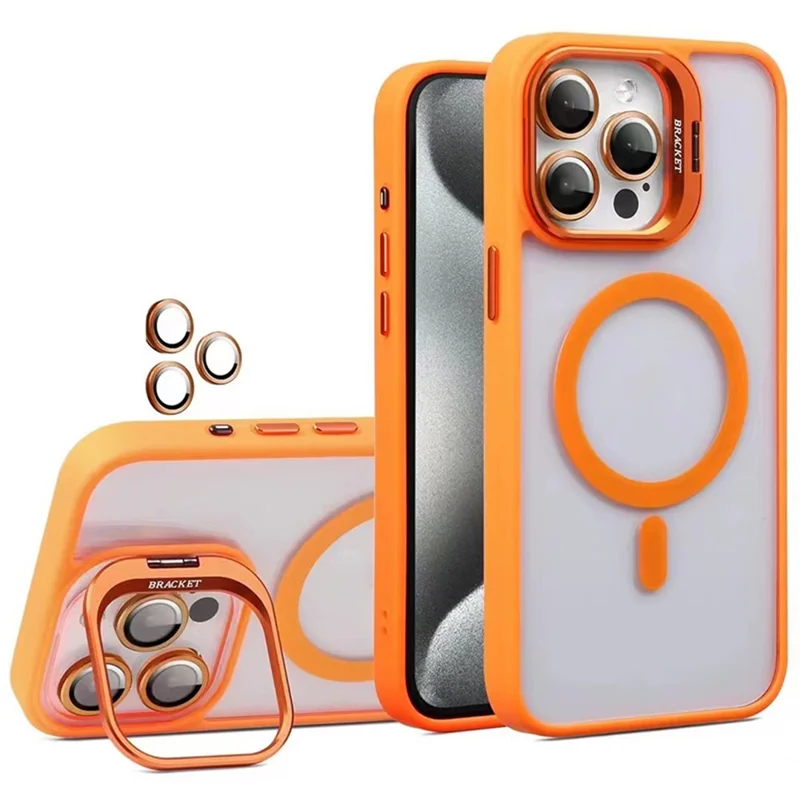 U1 For iPhone 12 Pro Case Lens Frame Kickstand TPU+Acrylic Phone Cover Compatible with MagSafe - Orange