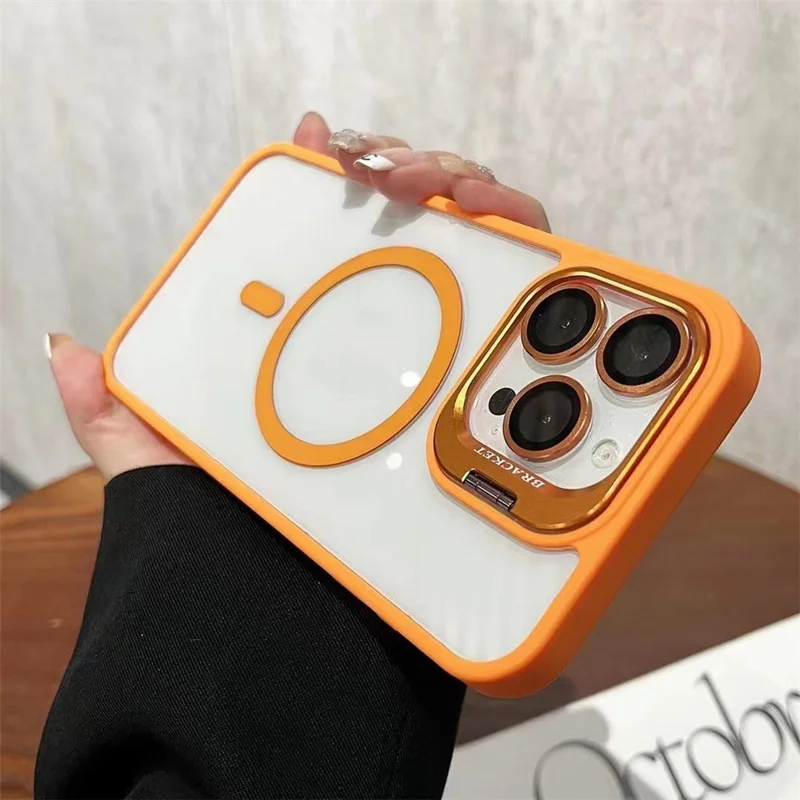 U1 For iPhone 12 Pro Case Lens Frame Kickstand TPU+Acrylic Phone Cover Compatible with MagSafe - Orange