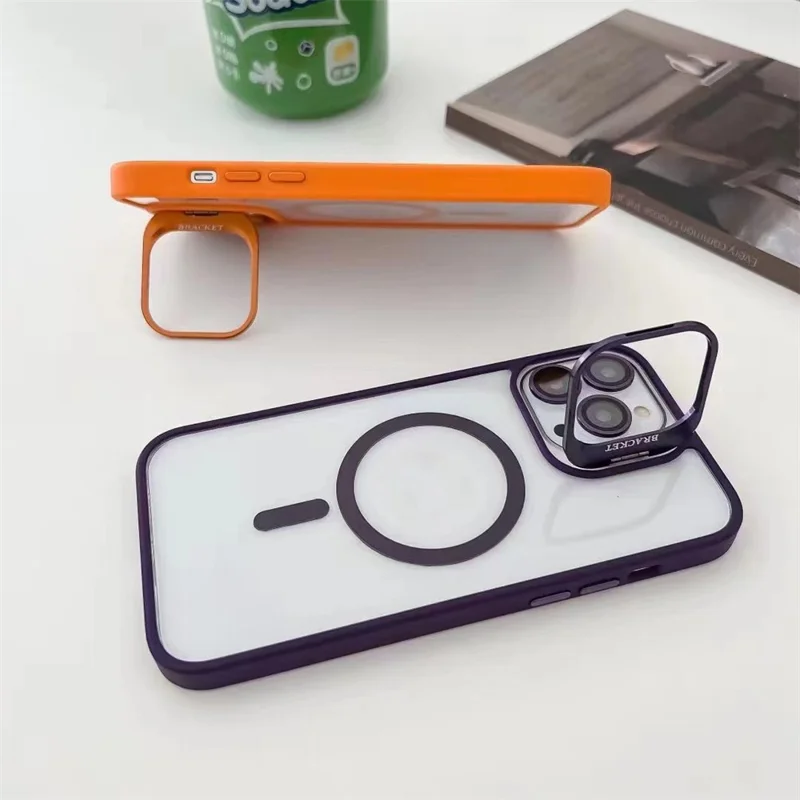 U1 For iPhone 12 Pro Case Lens Frame Kickstand TPU+Acrylic Phone Cover Compatible with MagSafe - Orange