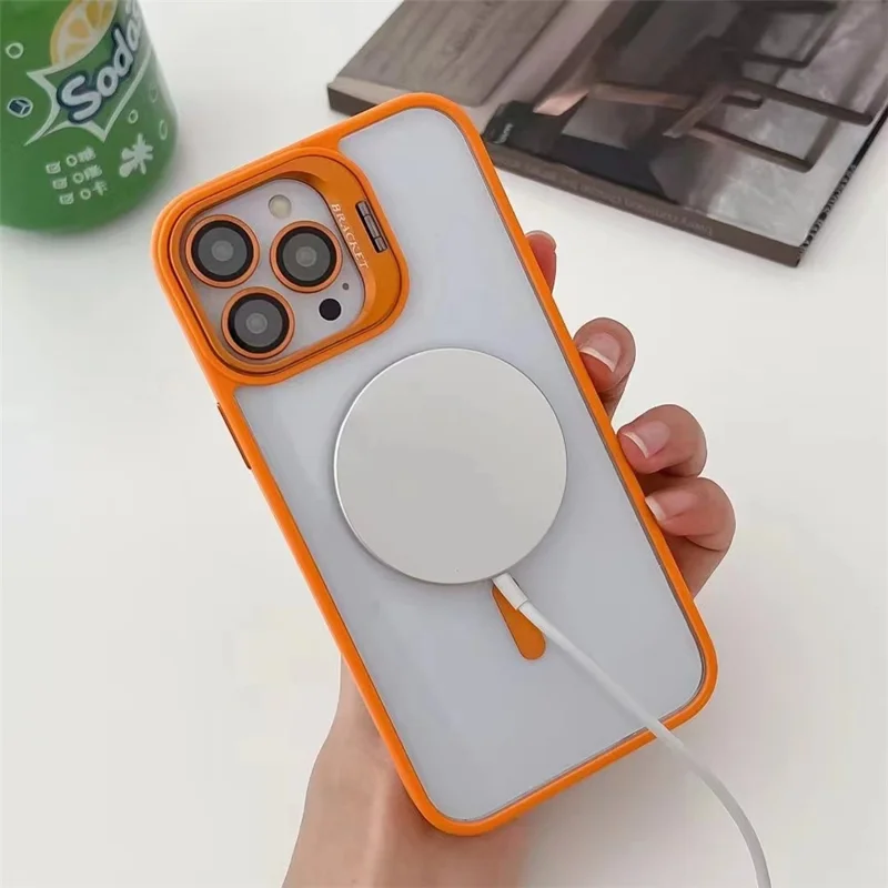 U1 For iPhone 12 Pro Case Lens Frame Kickstand TPU+Acrylic Phone Cover Compatible with MagSafe - Orange