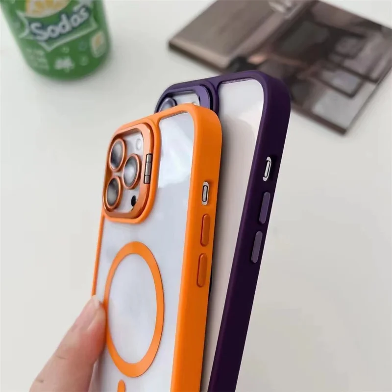 U1 For iPhone 12 Pro Case Lens Frame Kickstand TPU+Acrylic Phone Cover Compatible with MagSafe - Orange
