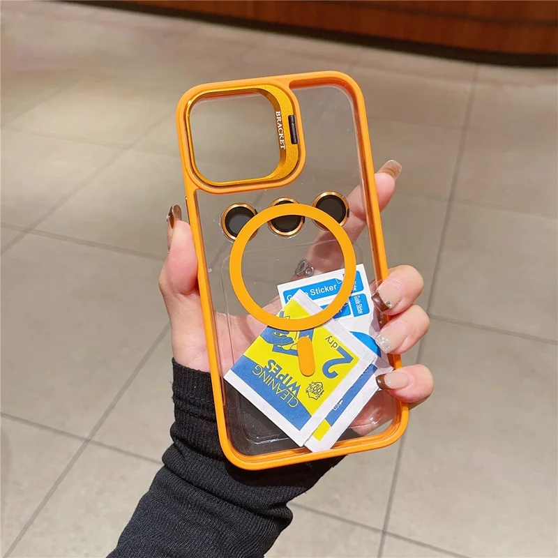 U1 For iPhone 12 Pro Case Lens Frame Kickstand TPU+Acrylic Phone Cover Compatible with MagSafe - Orange
