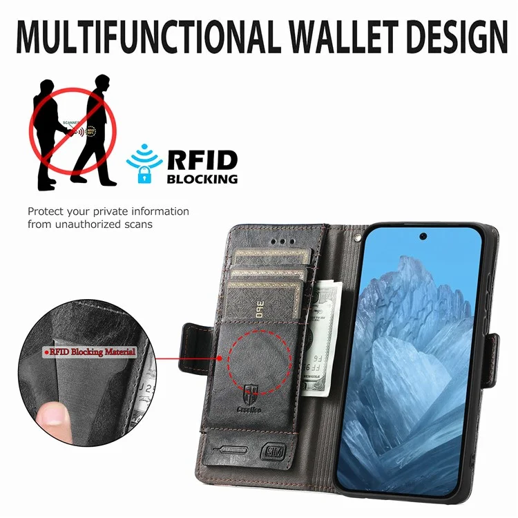 CASENEO 002 Serie per Google Pixel 9 Pro XL Case Splicing Leather Wallet Phone Cover - Nero