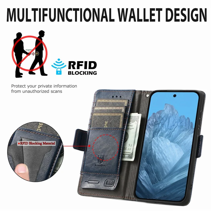 For Google Pixel 10 Pro XL / 9 Pro XL Phone Cases CASENEO PU Leather Cover Stand with RFID Blocking Wallet - Dark Blue