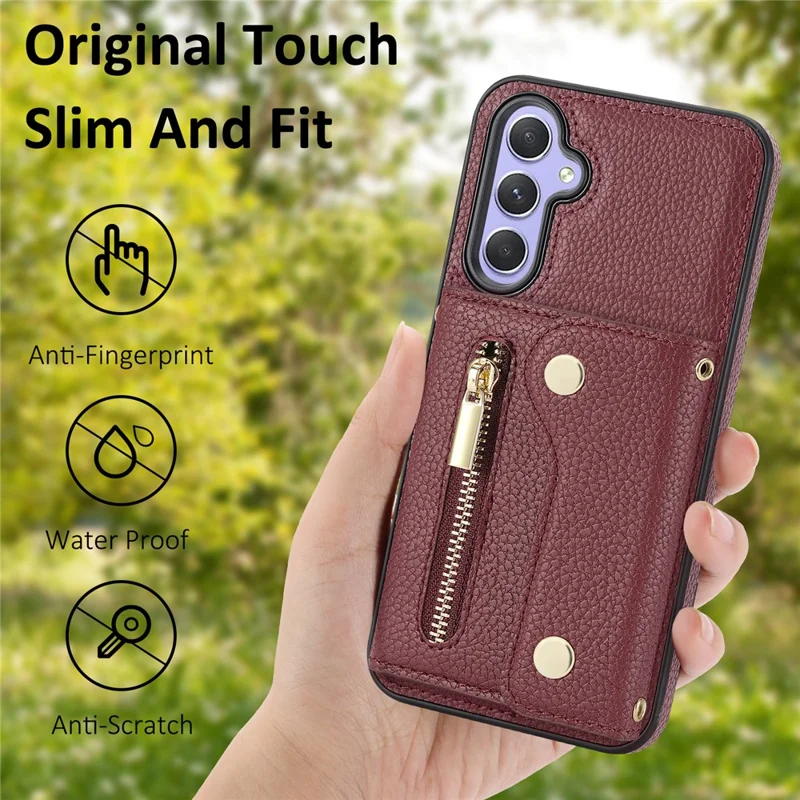 Wallet Case for Samsung Galaxy A55 5G DF-09 Anti-drop Crossbody Card Holder Cover - Wine Red