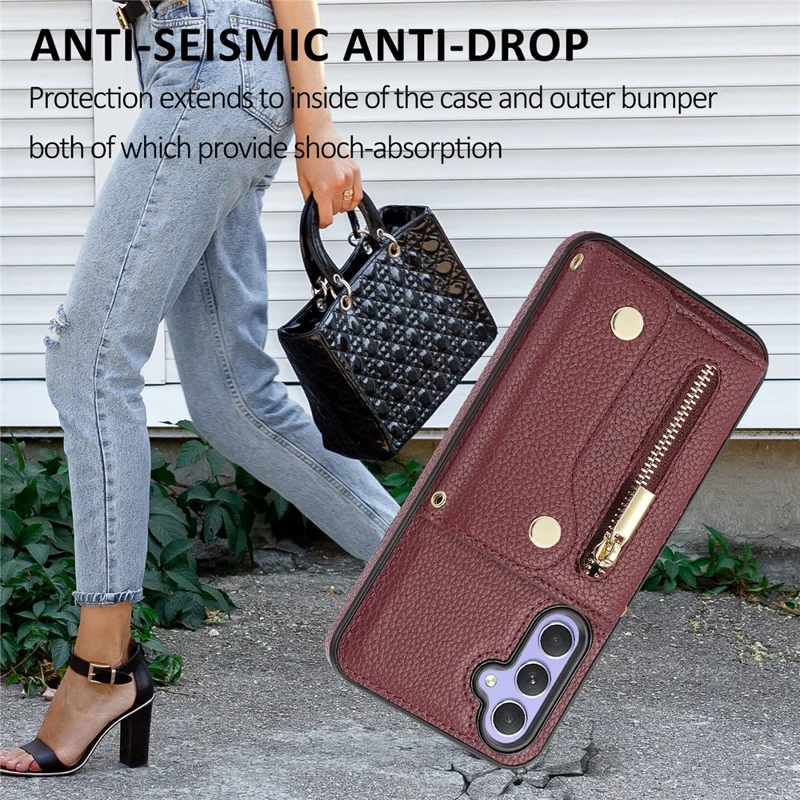 Wallet Case for Samsung Galaxy A55 5G DF-09 Anti-drop Crossbody Card Holder Cover - Wine Red