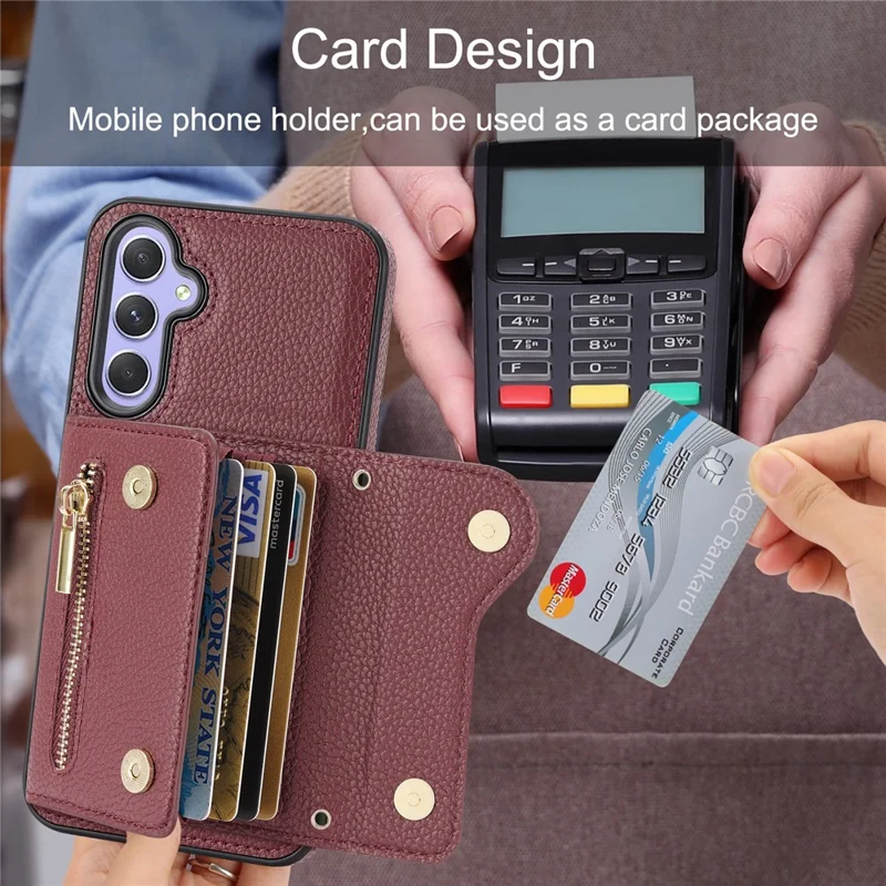Wallet Case for Samsung Galaxy A55 5G DF-09 Anti-drop Crossbody Card Holder Cover - Wine Red