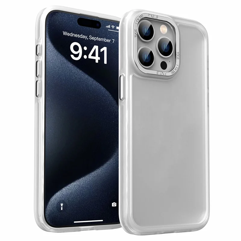For iPhone 15 Pro Case Frosted TPU+Acrylic Metal Lens Frame Back Phone Cover - White
