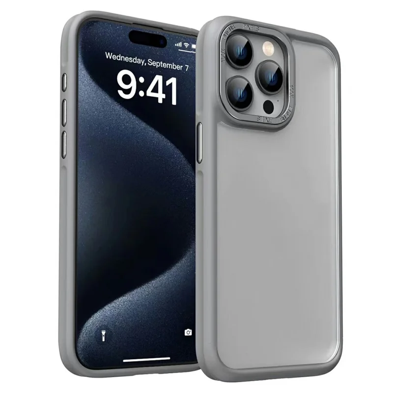 For iPhone 15 Pro Case Frosted TPU+Acrylic Metal Lens Frame Back Phone Cover - Grey