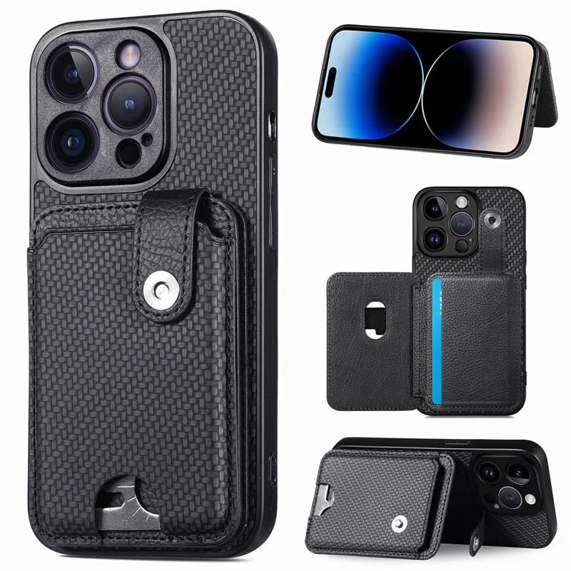 C1-06 For iPhone 14 Pro Carbon Fiber Texture Case Fall Protection Phone Cover with Card Knife Tool - Black