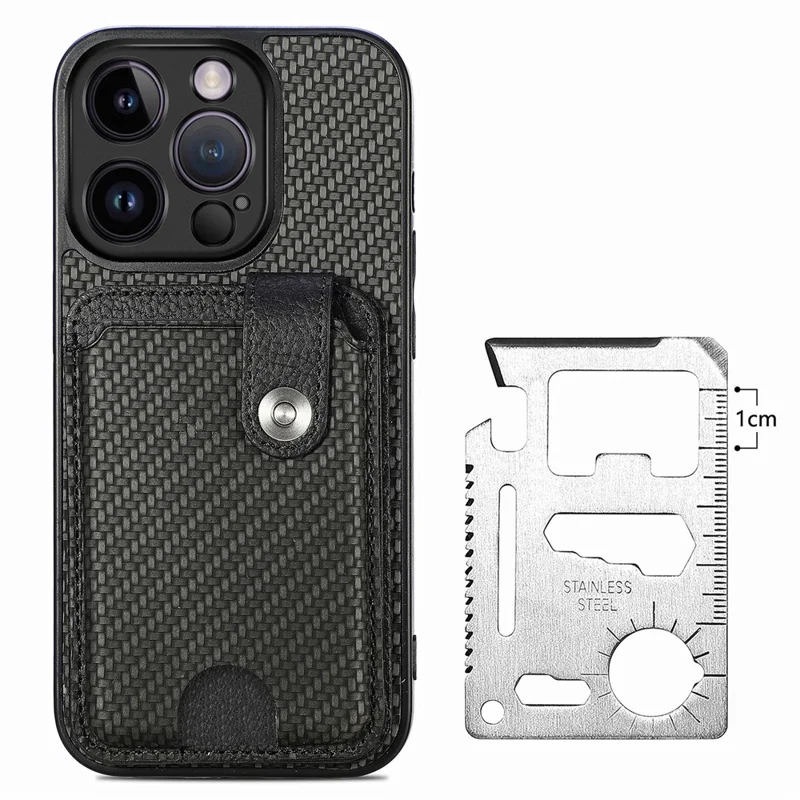 C1-06 For iPhone 14 Pro Carbon Fiber Texture Case Fall Protection Phone Cover with Card Knife Tool - Black