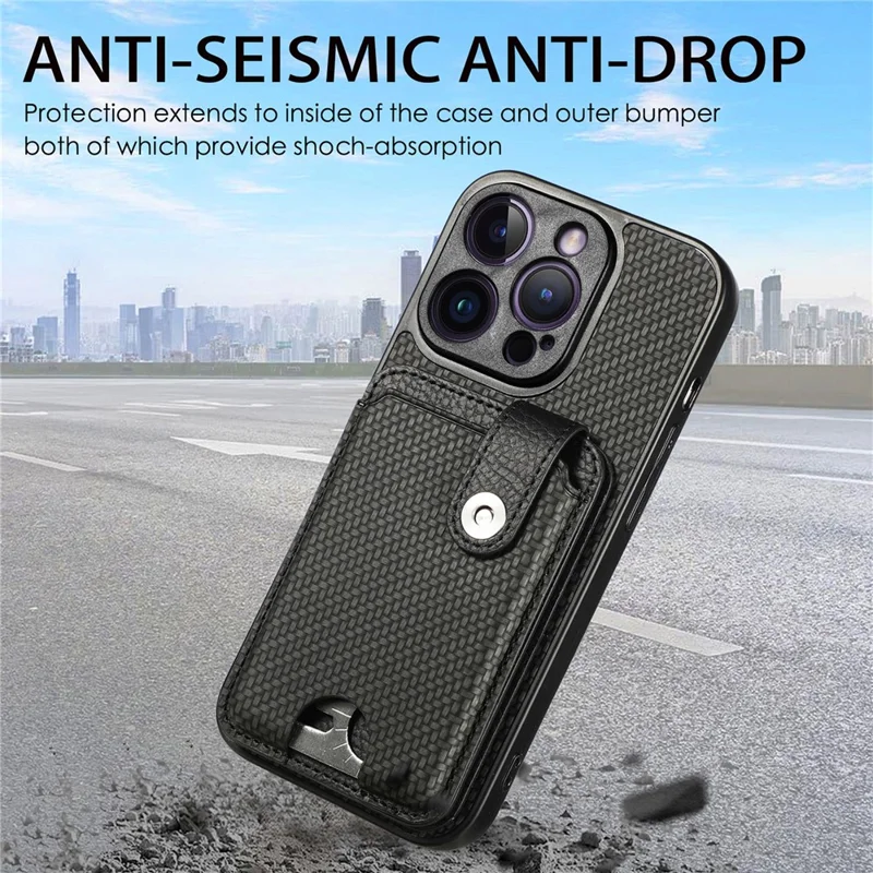 C1-06 For iPhone 14 Pro Carbon Fiber Texture Case Fall Protection Phone Cover with Card Knife Tool - Black