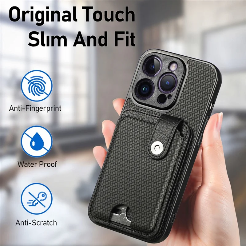 C1-06 For iPhone 14 Pro Carbon Fiber Texture Case Fall Protection Phone Cover with Card Knife Tool - Black