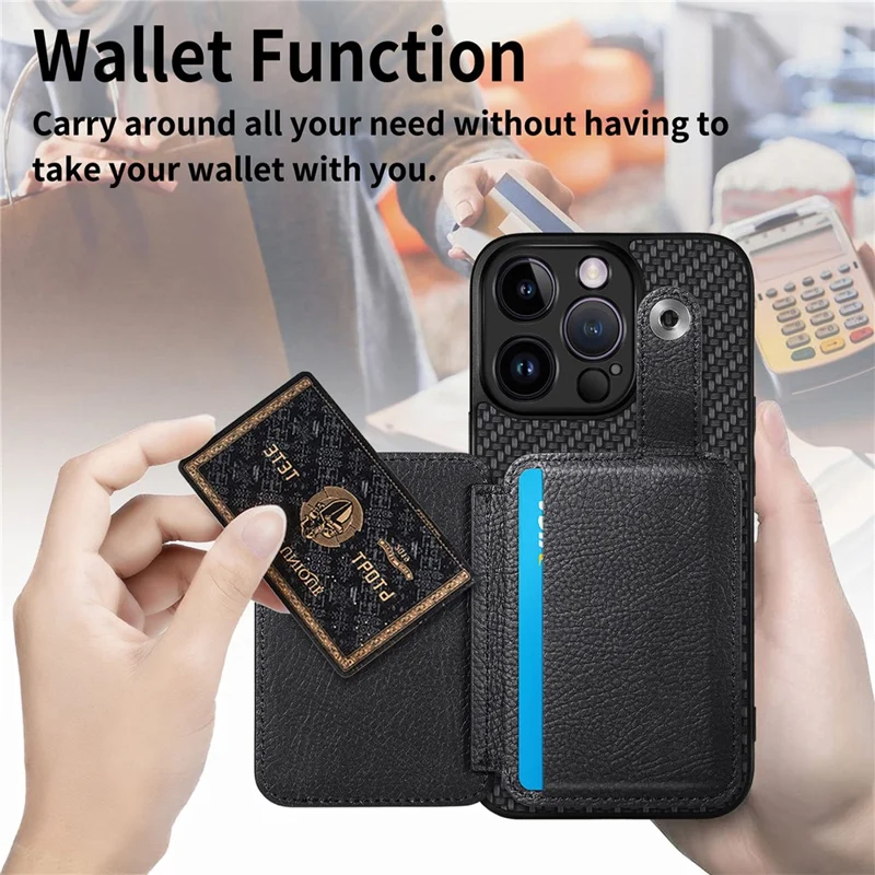 C1-06 For iPhone 14 Pro Carbon Fiber Texture Case Fall Protection Phone Cover with Card Knife Tool - Black