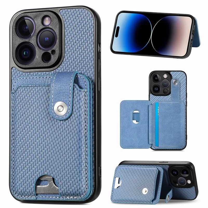 C1-06 For iPhone 14 Pro Carbon Fiber Texture Case Fall Protection Phone Cover with Card Knife Tool - Blue
