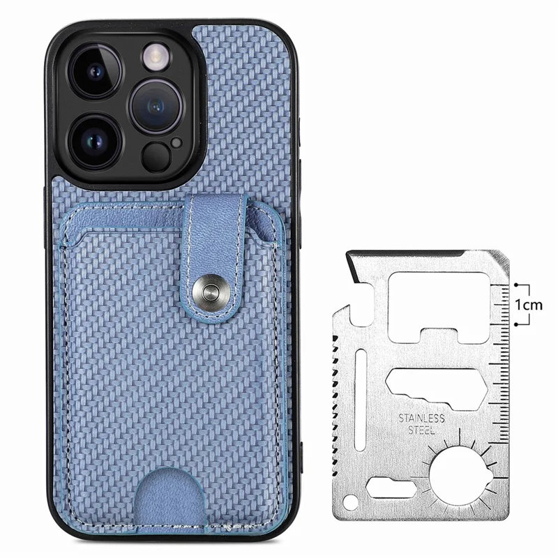 C1-06 For iPhone 14 Pro Carbon Fiber Texture Case Fall Protection Phone Cover with Card Knife Tool - Blue