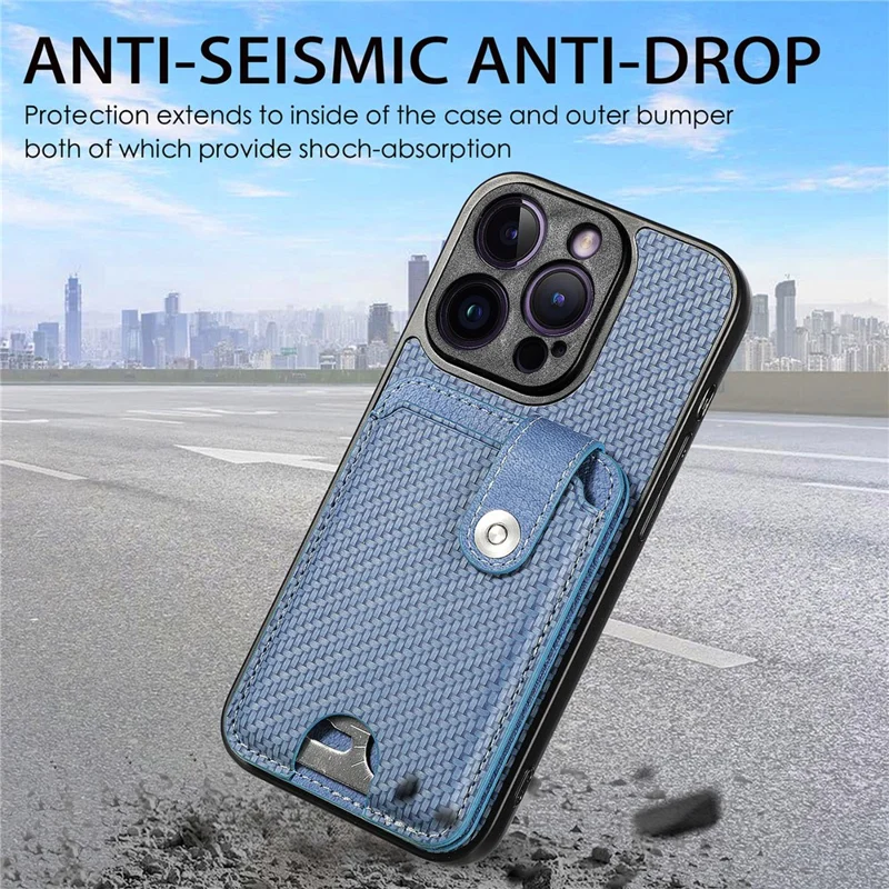 C1-06 For iPhone 14 Pro Carbon Fiber Texture Case Fall Protection Phone Cover with Card Knife Tool - Blue