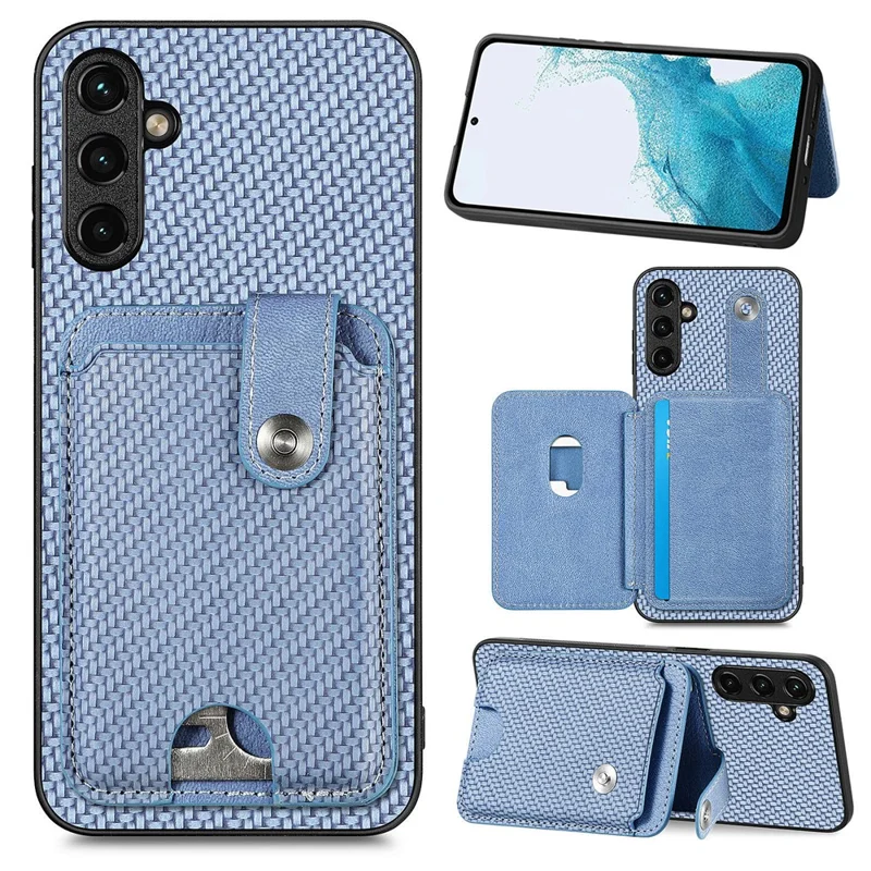 C1-06 For Samsung Galaxy A55 5G Case Carbon Fiber Texture Kickstand Phone Cover with Card Knife Tool - Blue