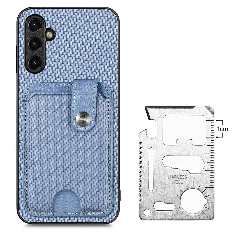C1-06 For Samsung Galaxy A55 5G Case Carbon Fiber Texture Kickstand Phone Cover with Card Knife Tool - Blue