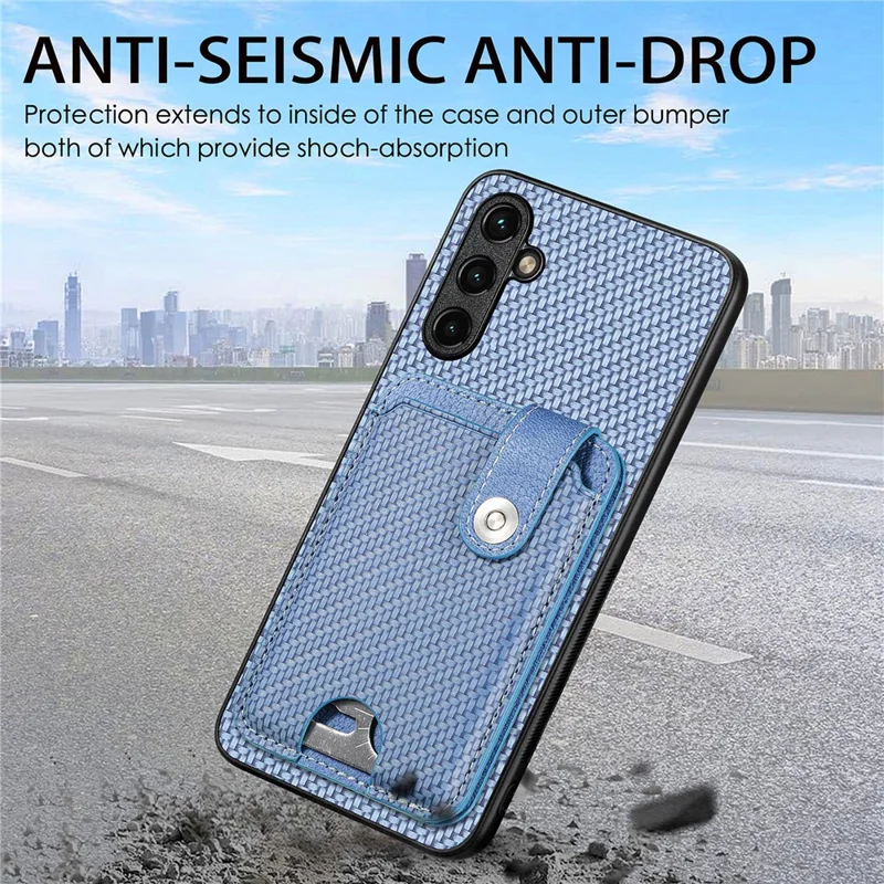 C1-06 For Samsung Galaxy A55 5G Case Carbon Fiber Texture Kickstand Phone Cover with Card Knife Tool - Blue