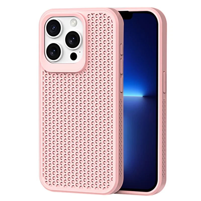 For iPhone 13 Pro Max Phone Case Heat Dissipation Breathable Cooling Hollow PC+TPU Cover - Pink