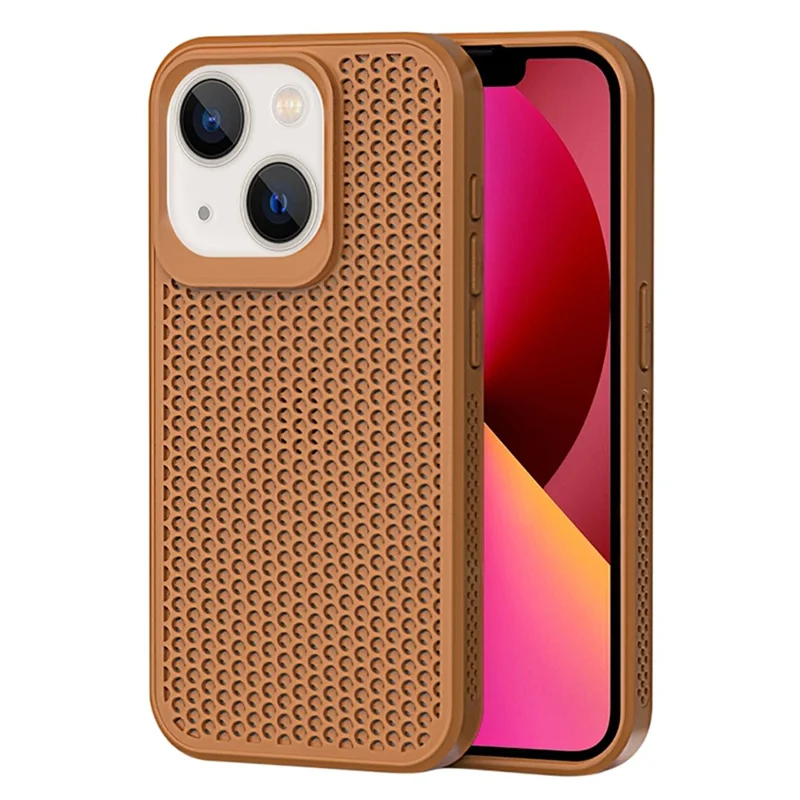 For iPhone 14 Heat Dissipation Case PC+TPU Breathable Hollow Phone Cover - Brown