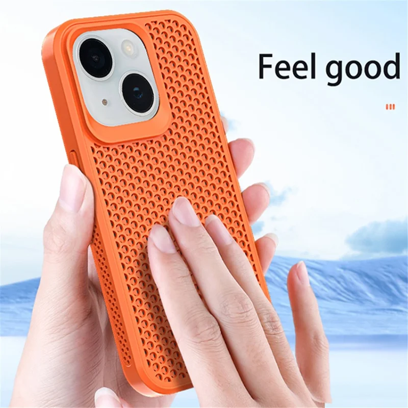 For iPhone 14 Heat Dissipation Case PC+TPU Breathable Hollow Phone Cover - Brown