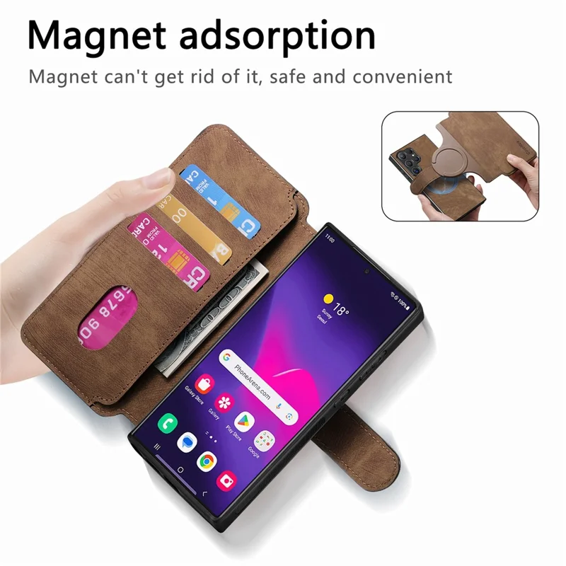 CASENEO MW-03 Für Samsung Galaxy S24 Ultra-Hülle Retro-Leder beschichtete TPU-Telefonabdeckung 2 in 1 abnehmbar - Braun