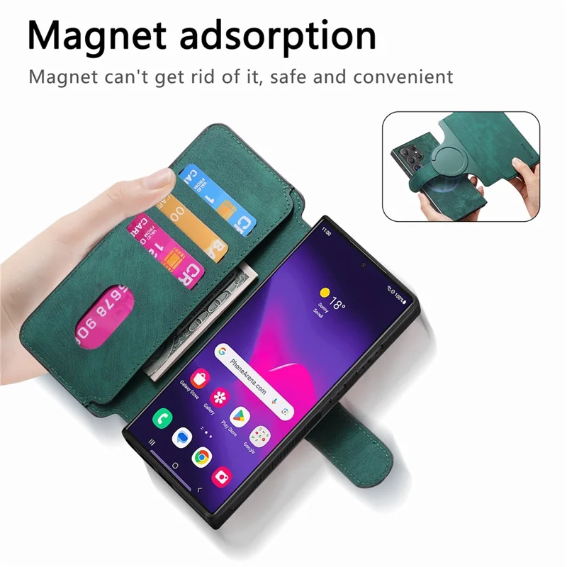 CASENEO MW-03 для Samsung Galaxy S24 Ultra Чехол Ретро кожаное покрытие TPU Чехол для телефона 2 в 1 съемный - Зеленый